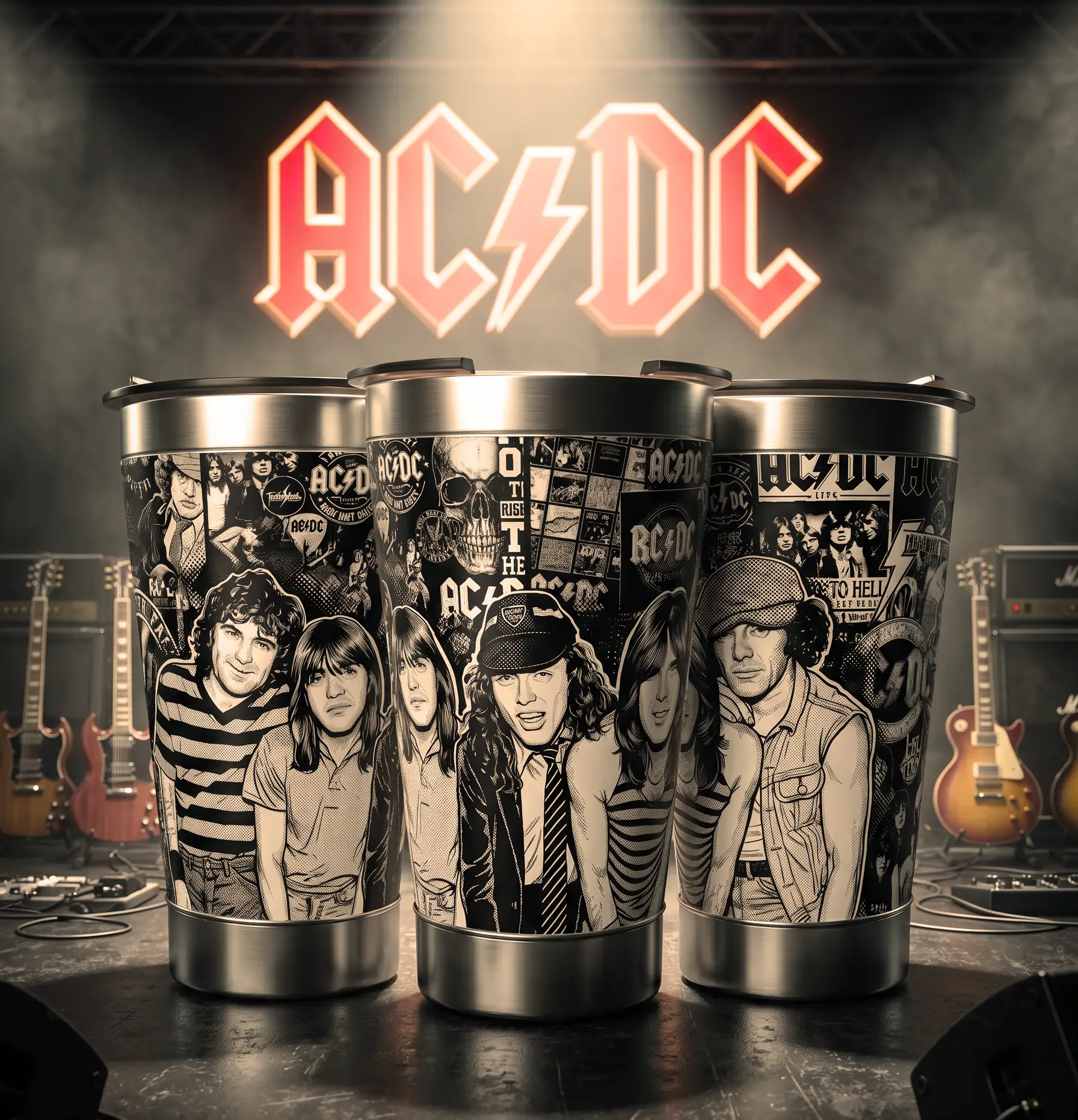Arte 2 AC/DC para copo térmico gravado a laser no Dia Mundial do Rock