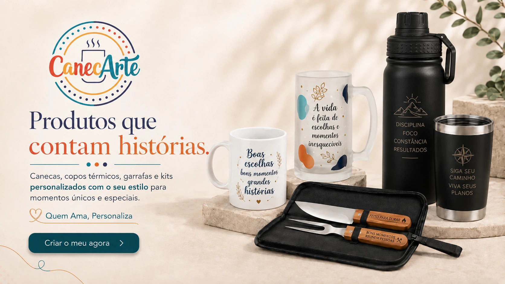 Produtos personalizados CanecArte: canecas, copos, garrafas e kits