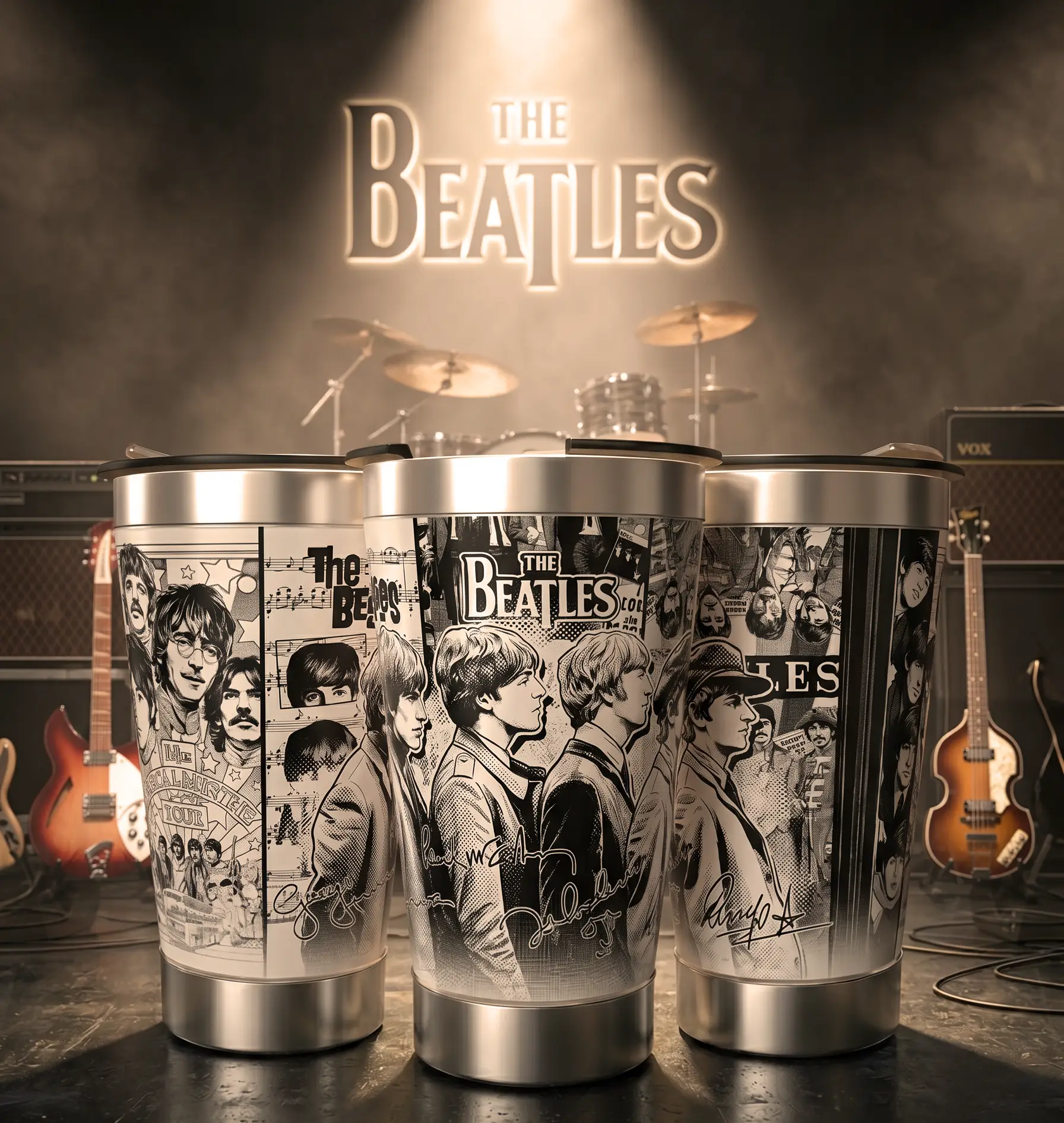 Arte 1 The Beatles para copo térmico gravado a laser no Dia Mundial do Rock