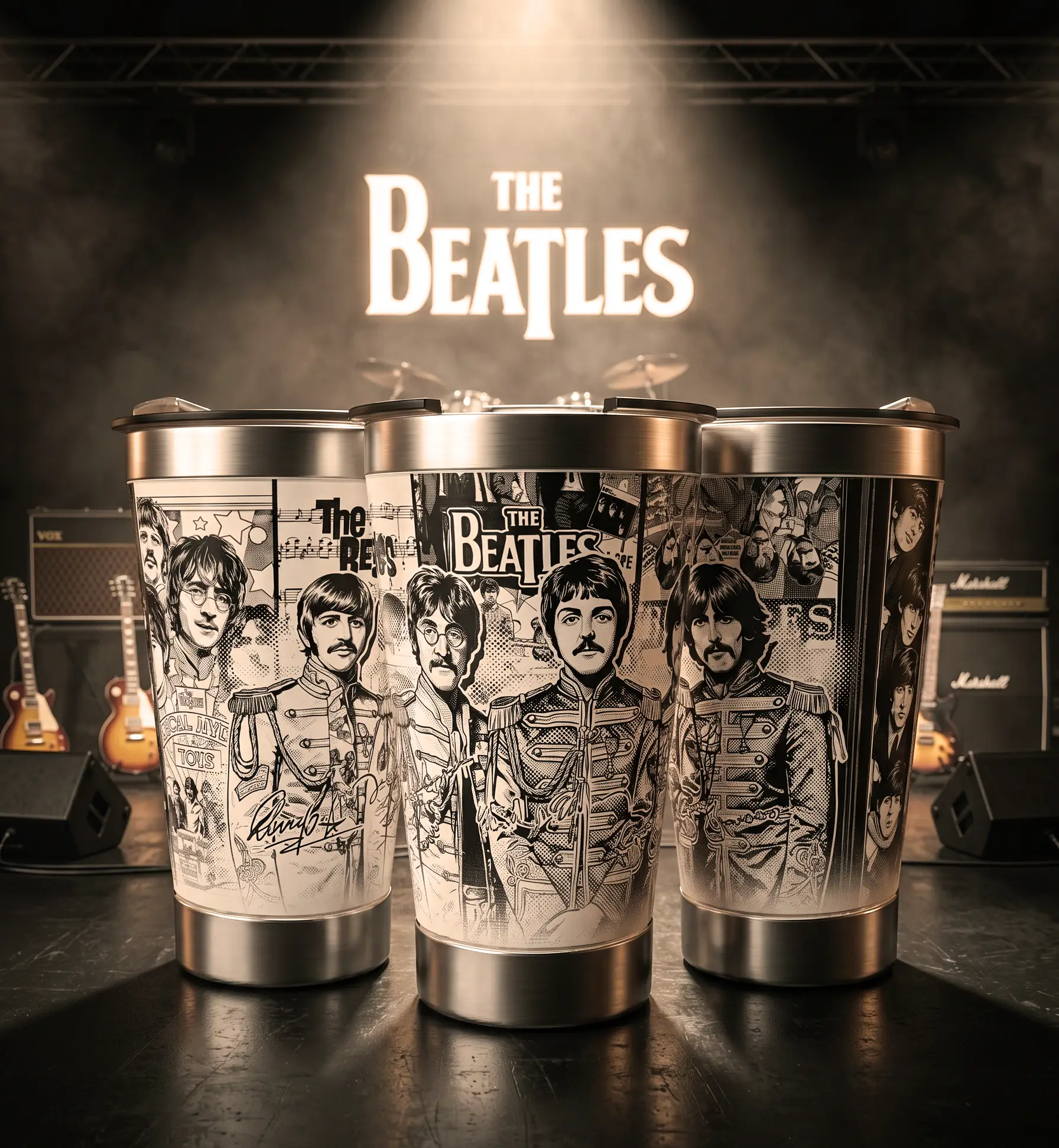 Arte 2 The Beatles para copo térmico gravado a laser no Dia Mundial do Rock