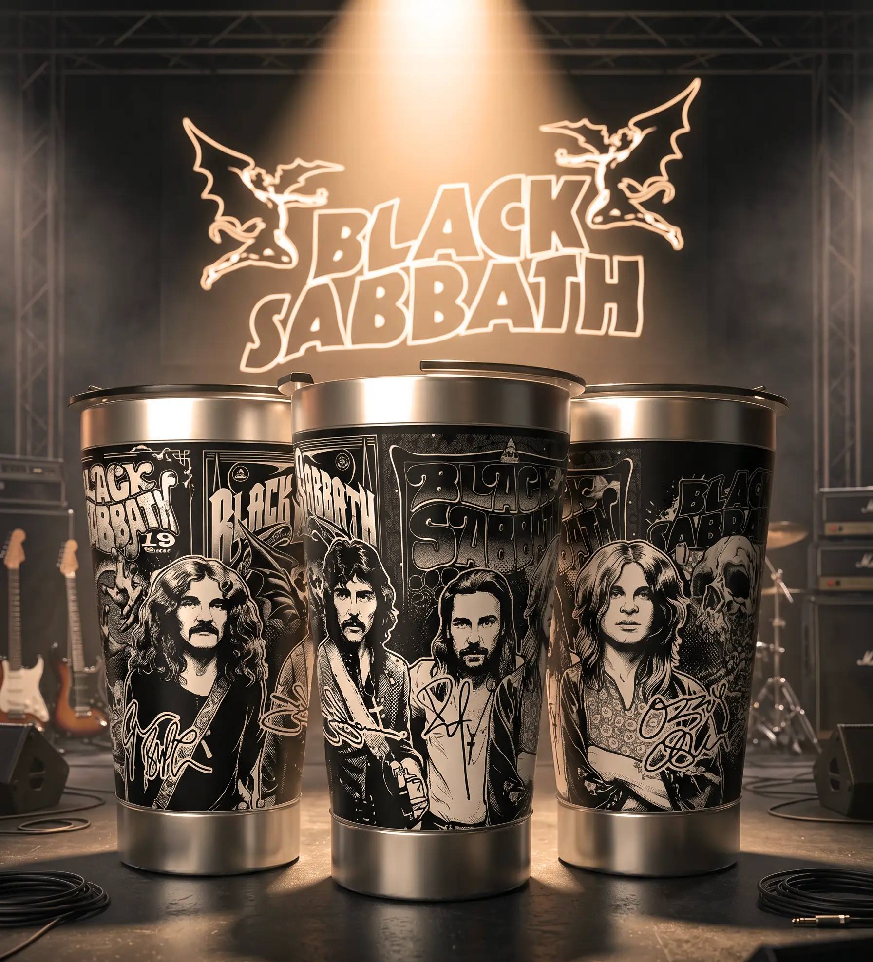Arte 2 Black Sabbath para copo térmico gravado a laser no Dia Mundial do Rock
