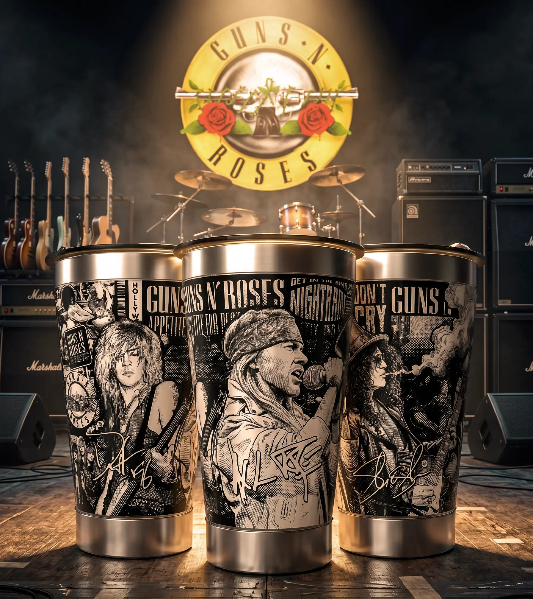 Arte 1 Guns N’ Roses para copo térmico gravado a laser no Dia Mundial do Rock