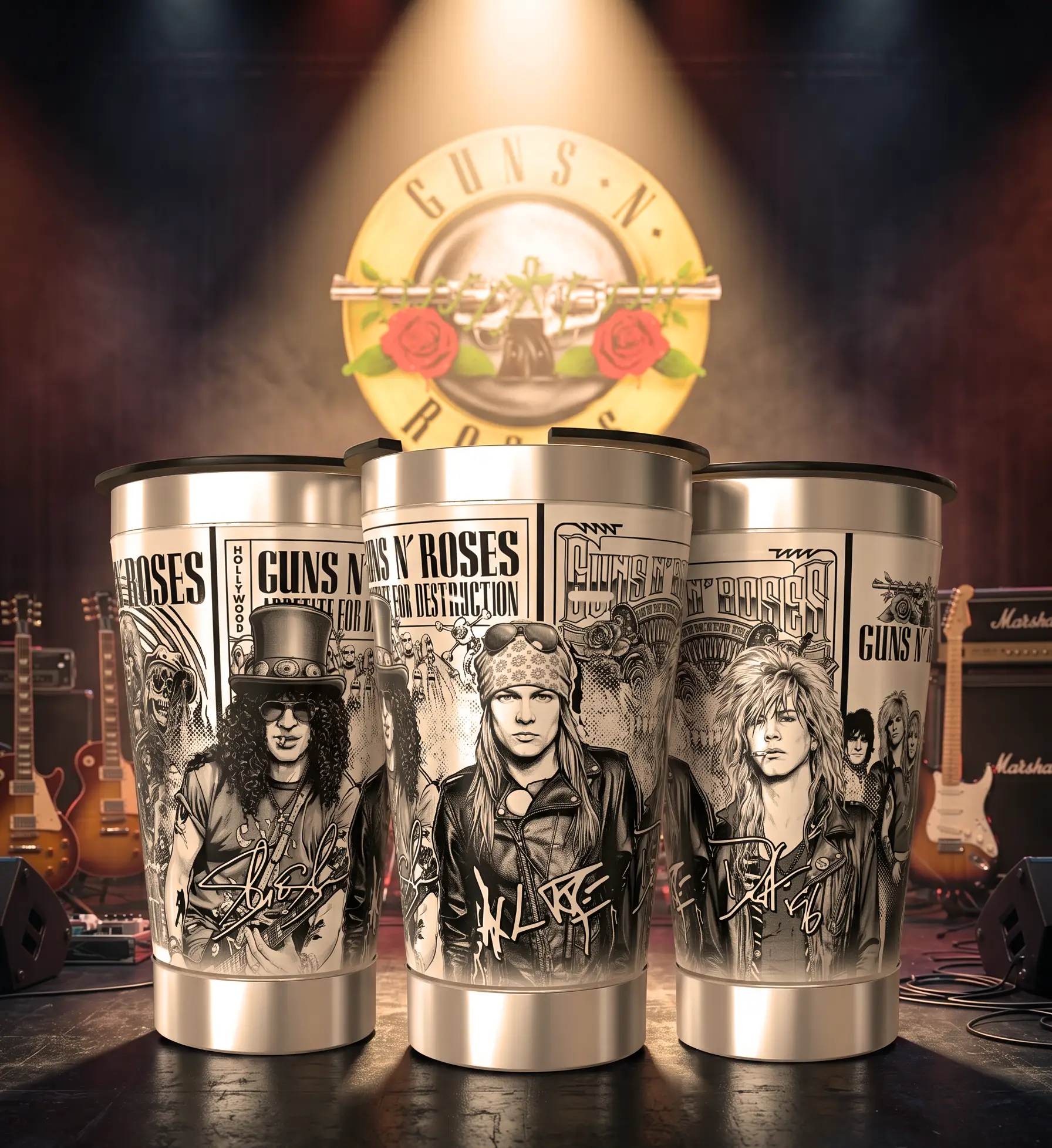 Arte 2 Guns N’ Roses para copo térmico gravado a laser no Dia Mundial do Rock