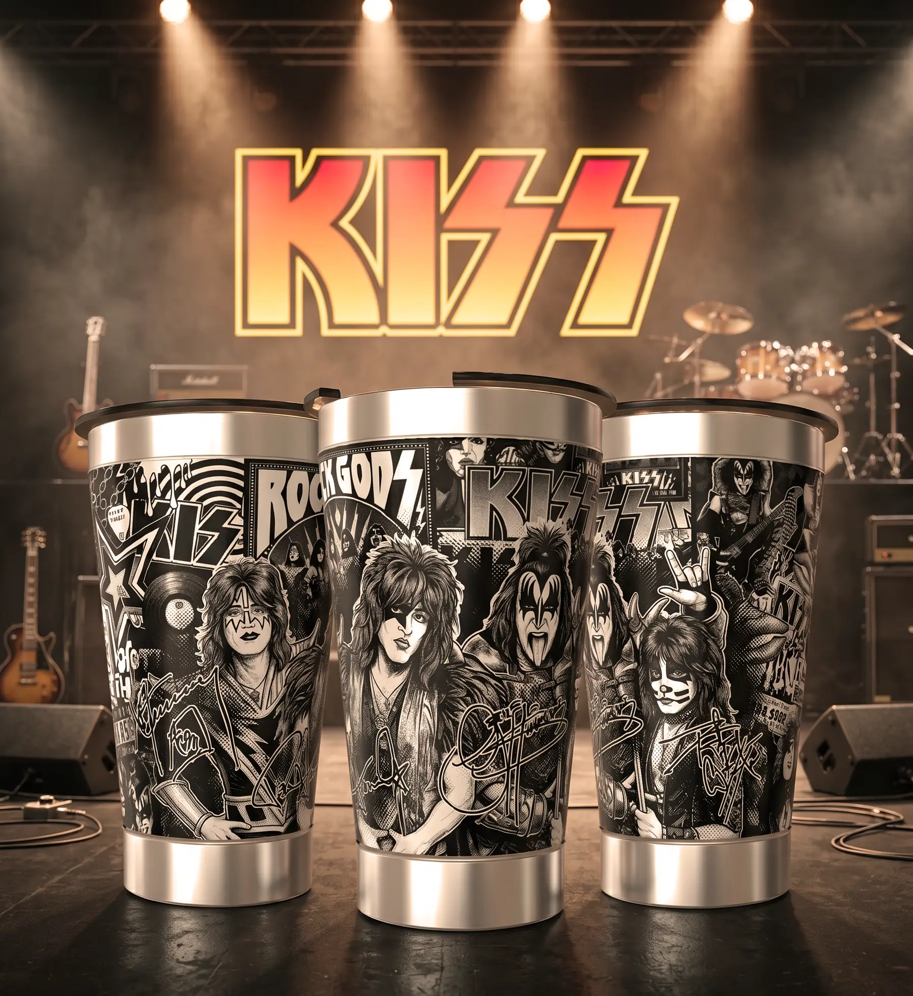 Arte 1 Kiss para copo térmico gravado a laser no Dia Mundial do Rock