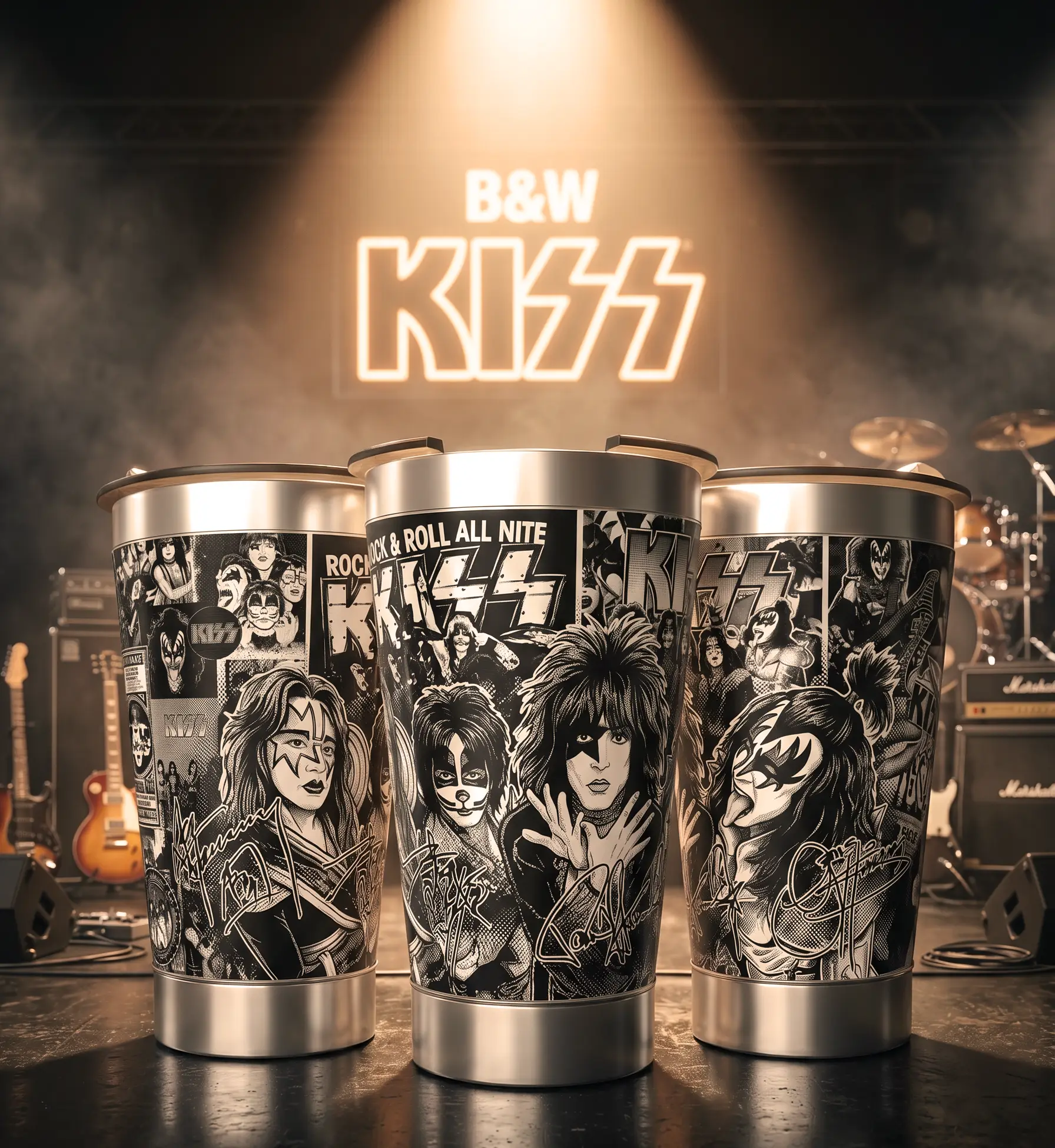 Arte 2 Kiss para copo térmico gravado a laser no Dia Mundial do Rock