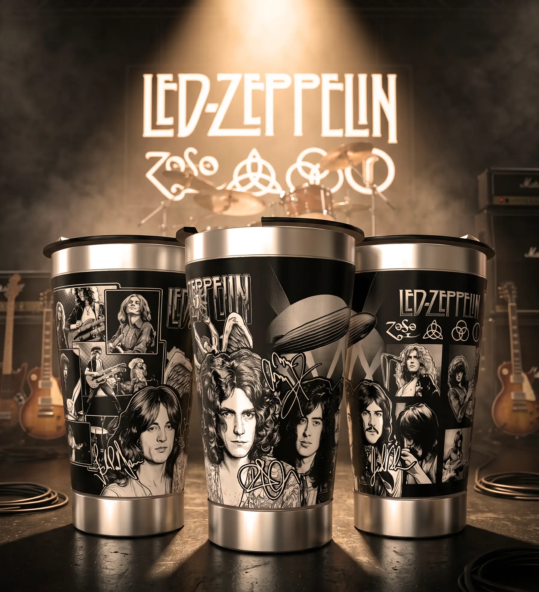 Arte 1 Led Zeppelin para copo térmico gravado a laser no Dia Mundial do Rock