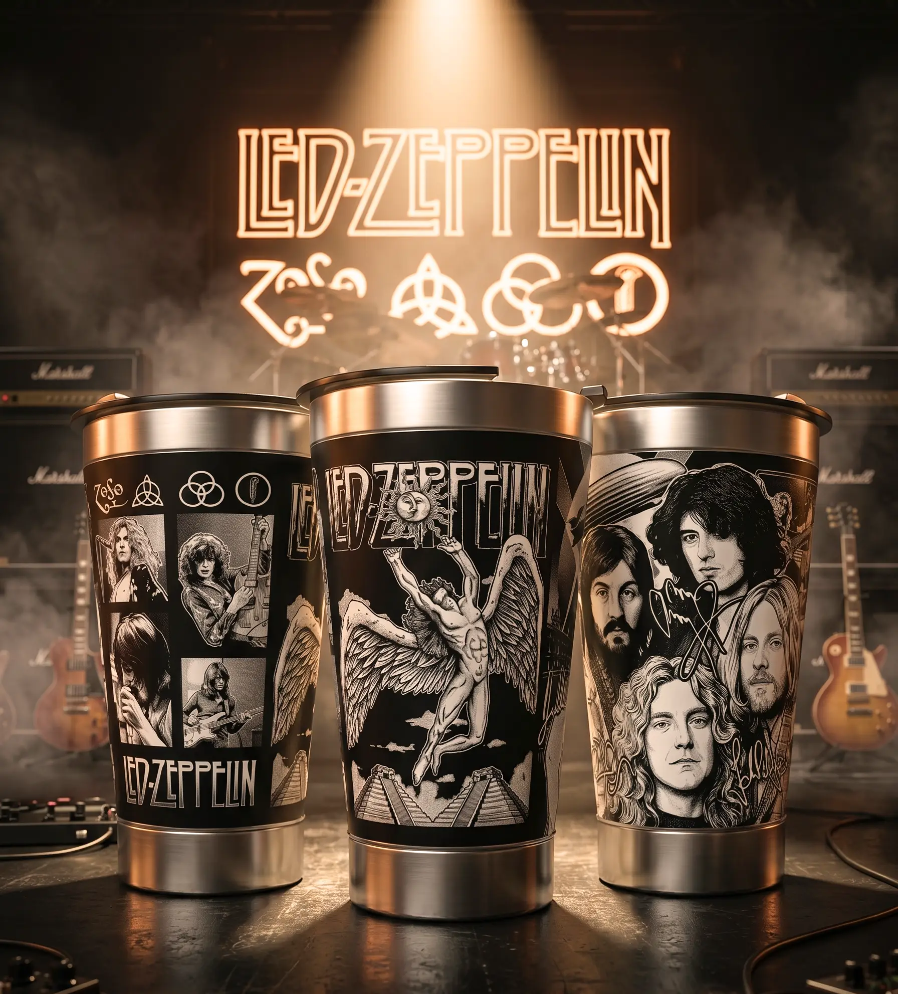 Arte 2 Led Zeppelin para copo térmico gravado a laser no Dia Mundial do Rock