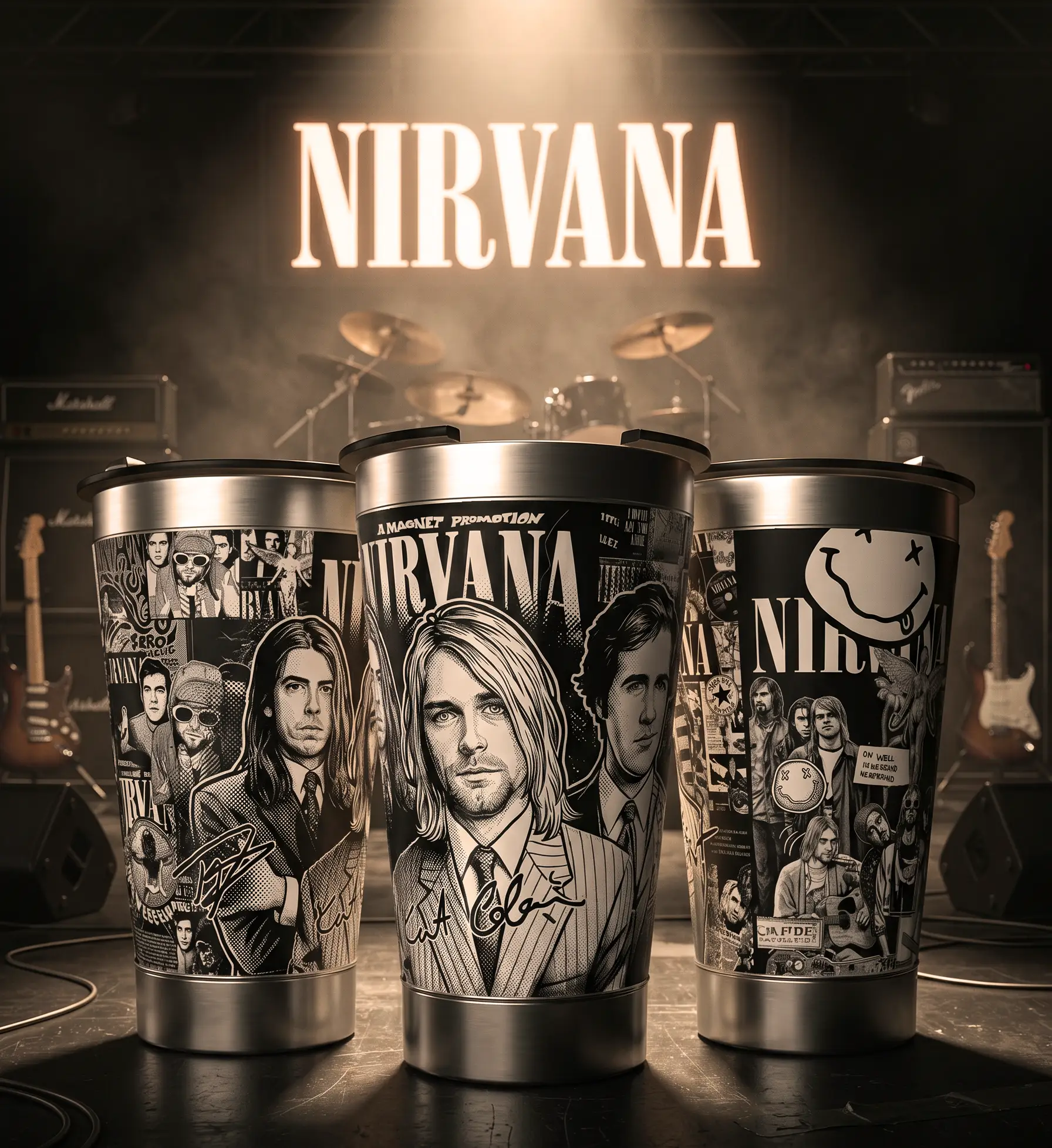 Arte 1 Nirvana para copo térmico gravado a laser no Dia Mundial do Rock
