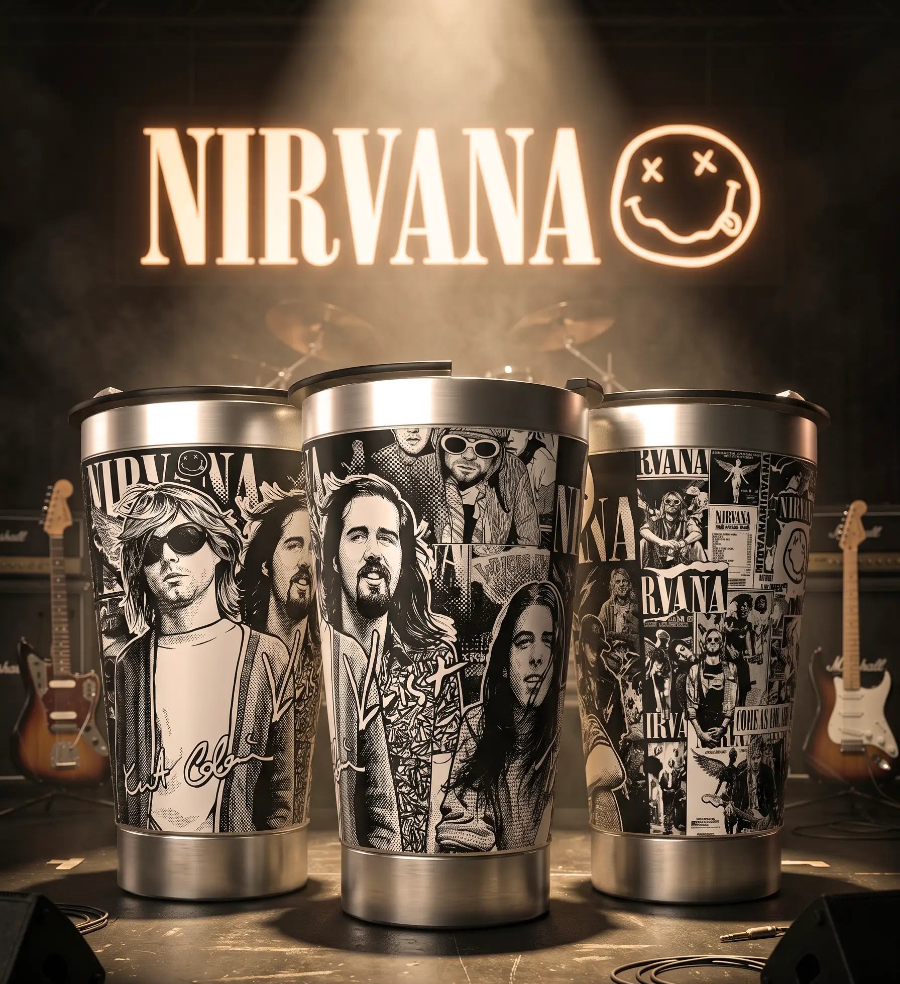 Arte 2 Nirvana para copo térmico gravado a laser no Dia Mundial do Rock