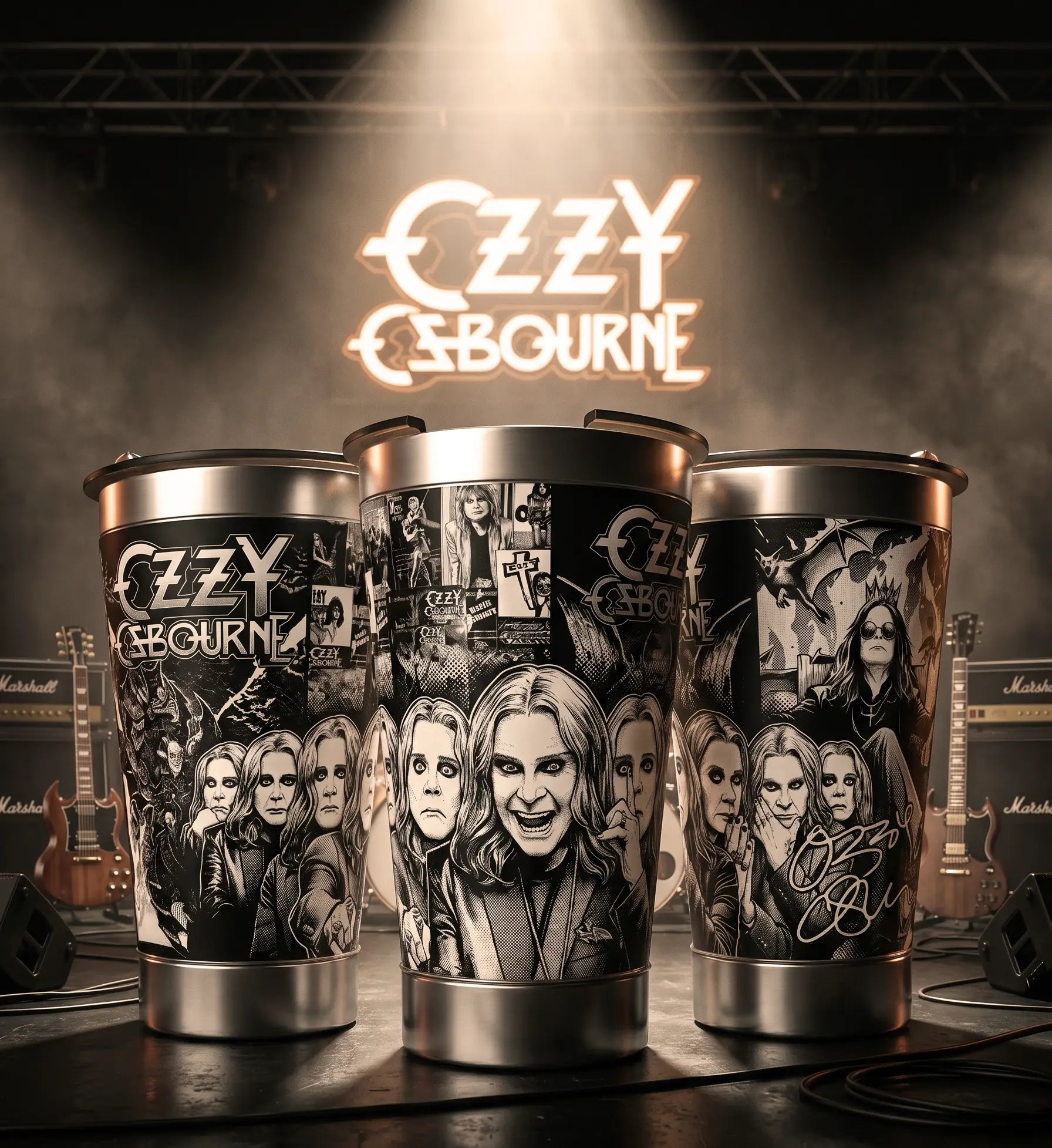Arte 1 Ozzy Osbourne para copo térmico gravado a laser no Dia Mundial do Rock
