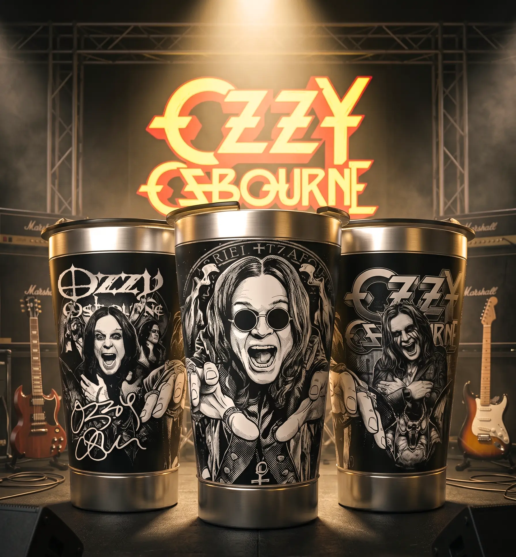 Arte 2 Ozzy Osbourne para copo térmico gravado a laser no Dia Mundial do Rock