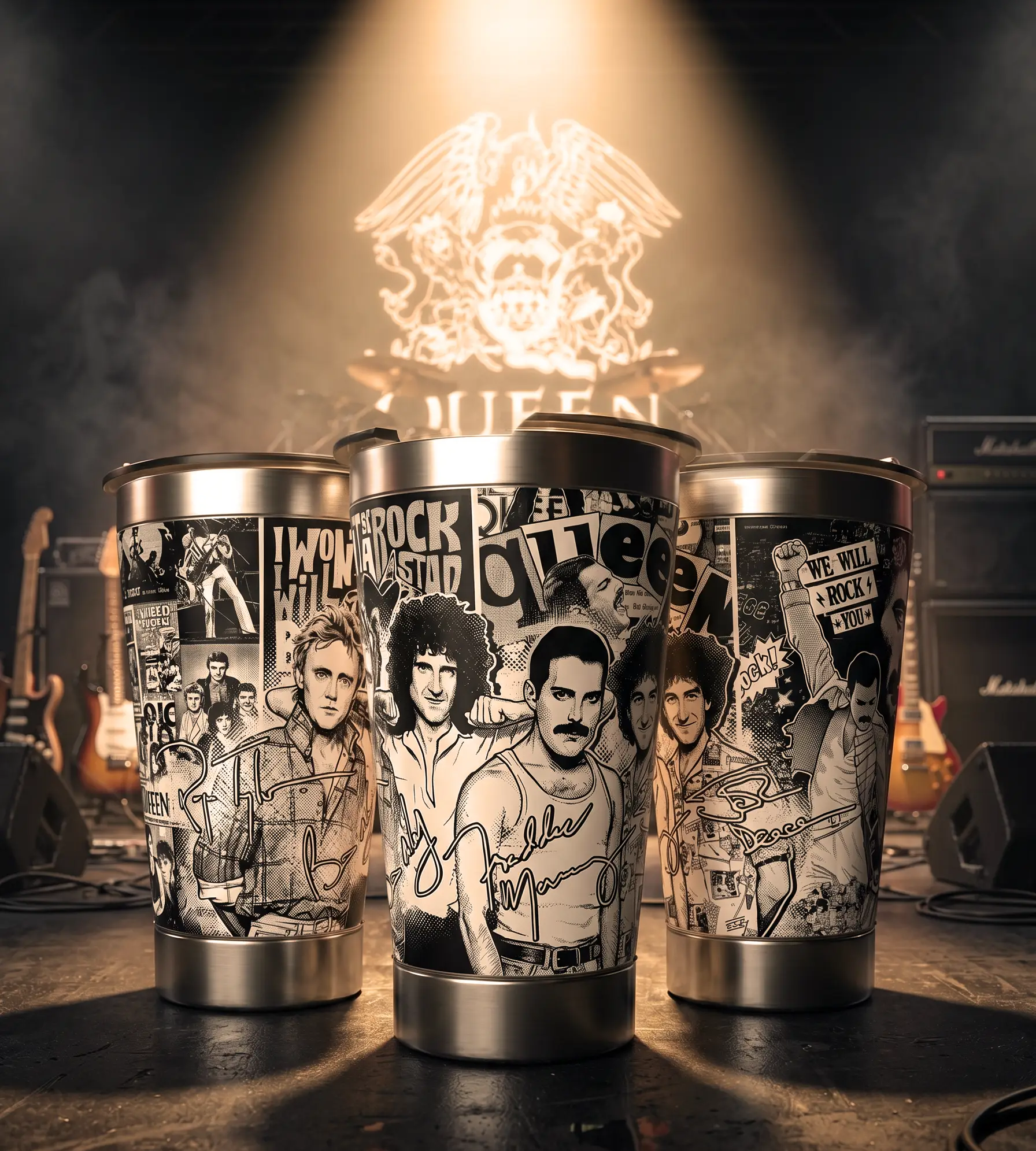Arte 1 Queen para copo térmico gravado a laser no Dia Mundial do Rock