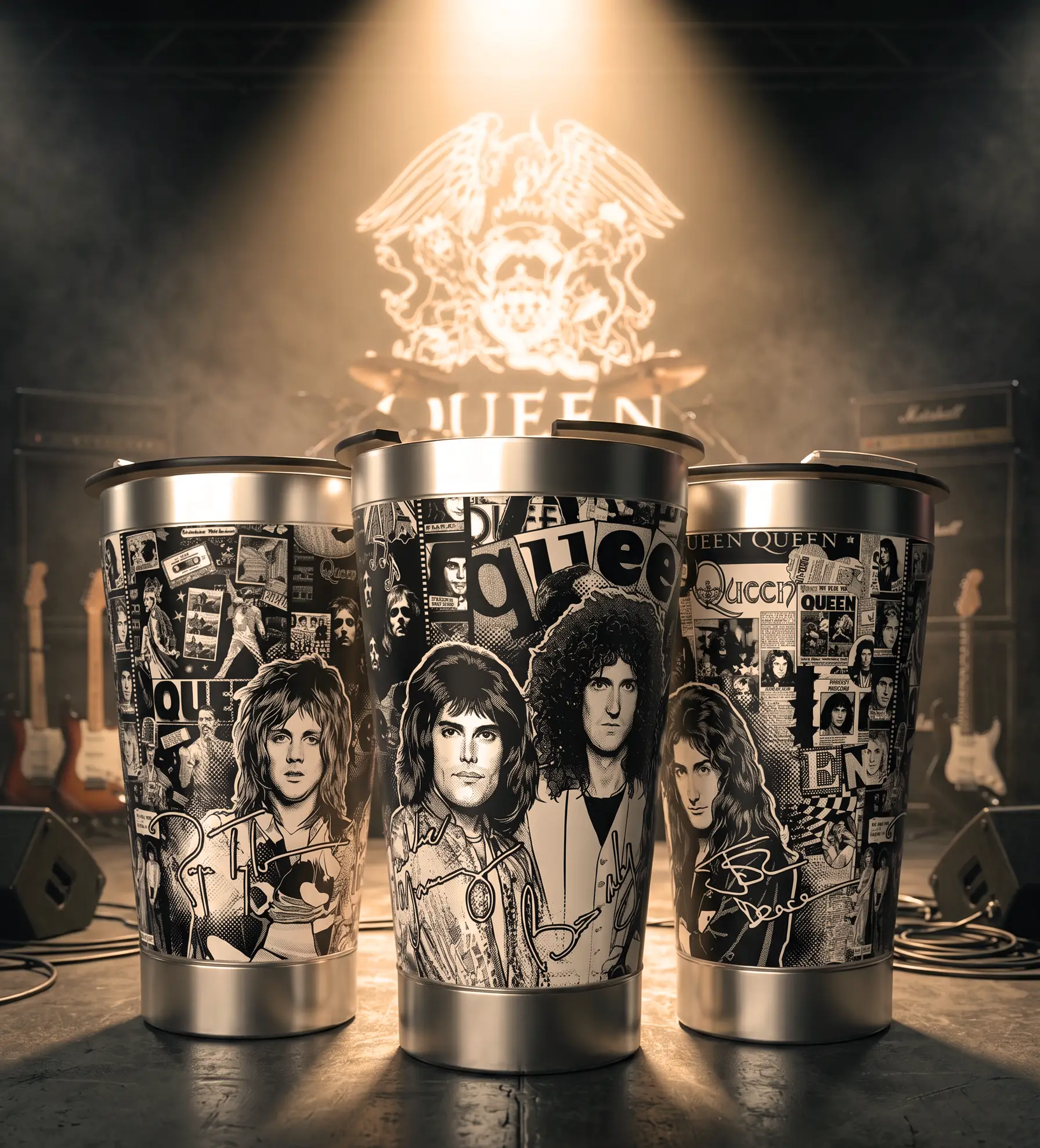 Arte 2 Queen para copo térmico gravado a laser no Dia Mundial do Rock