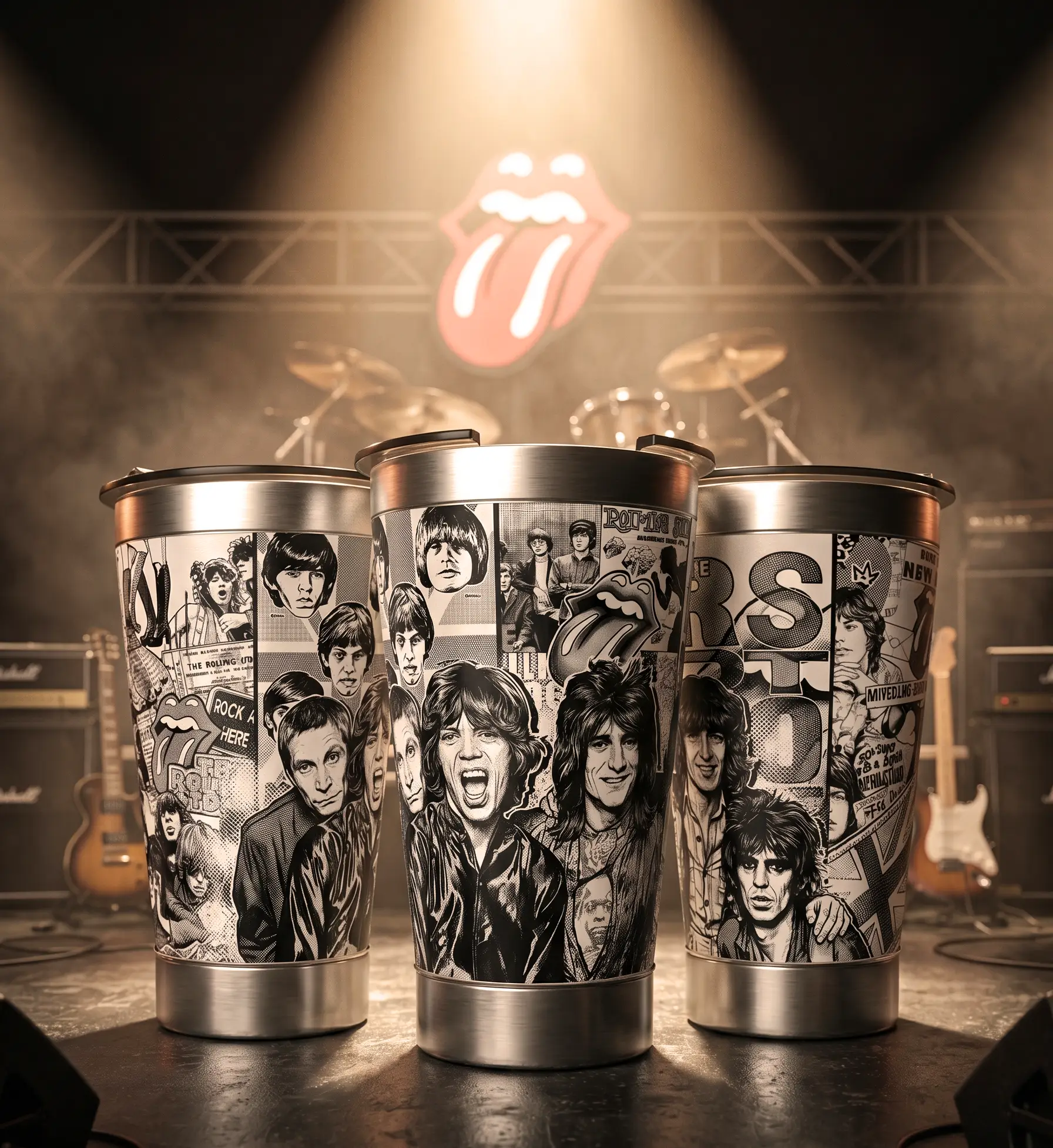 Arte 1 Rolling Stones para copo térmico gravado a laser no Dia Mundial do Rock