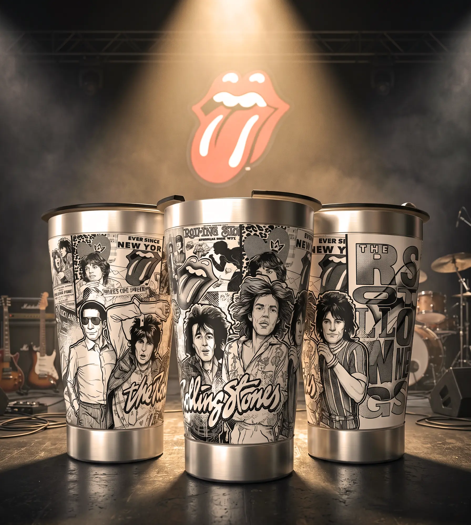 Arte 2 Rolling Stones para copo térmico gravado a laser no Dia Mundial do Rock